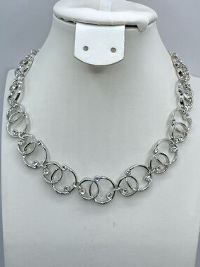 Silver Tone Crystal Rhinestone Circle Link Necklace Statement Sparkle